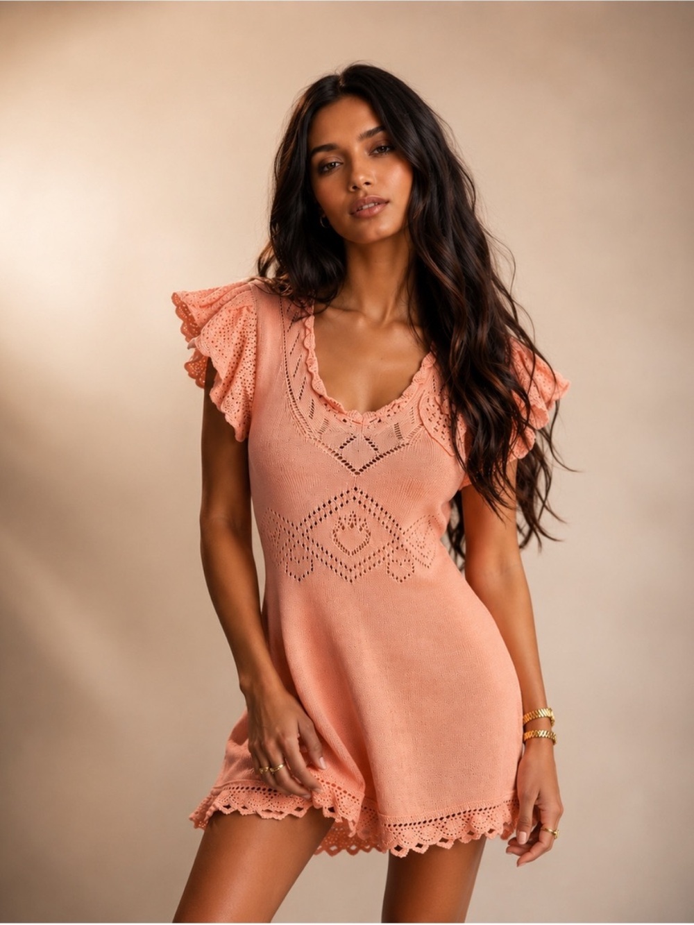 LoveShackFancy Fresno Crochet Knit Strawberry Peach Melba Mini Dress Size XS